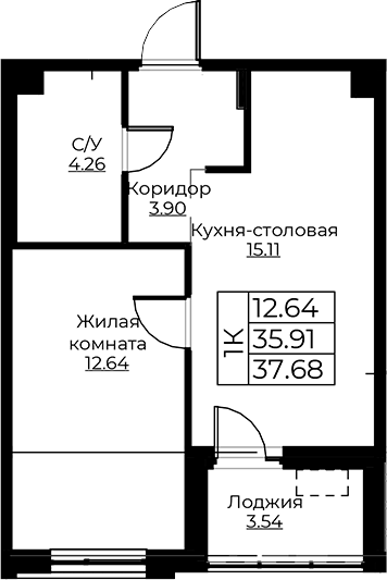 Планировка — Тишин, 2-комн., 36 м²