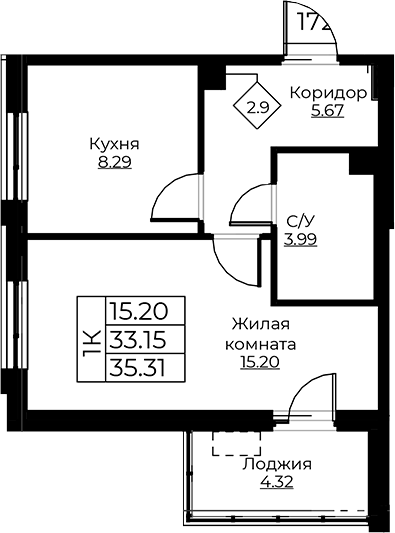 Планировка — Тишин, 1-комн., 33 м²