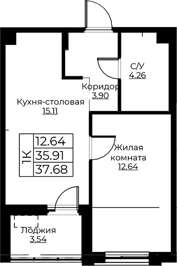 Планировка — Тишин, 2-комн., 36 м²