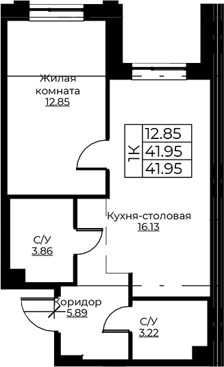Планировка — Тишин, 2-комн., 42 м²