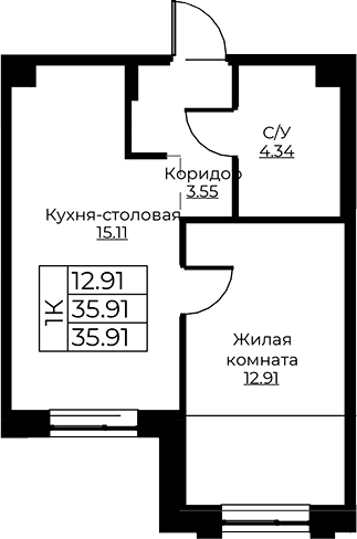 Планировка — Тишин, 2-комн., 36 м²