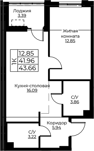 Планировка — Тишин, 2-комн., 42 м²
