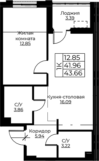 Планировка — Тишин, 2-комн., 42 м²