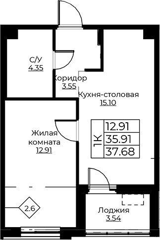 Планировка — Тишин, 2-комн., 36 м²