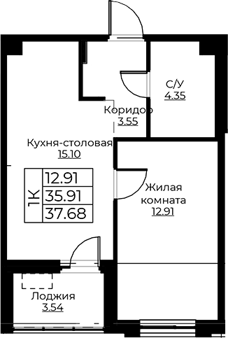 Планировка — Тишин, 2-комн., 36 м²