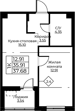 Планировка — Тишин, 2-комн., 36 м²
