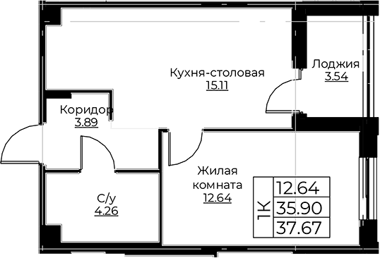 Планировка — Тишин, 2-комн., 36 м²