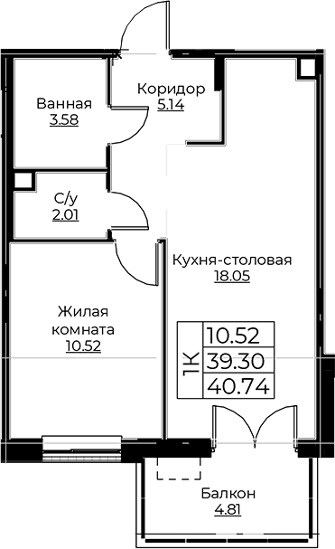 Планировка — Тишин, 2-комн., 39 м²
