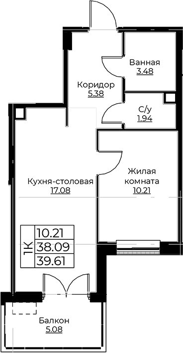 Планировка — Тишин, 2-комн., 38 м²