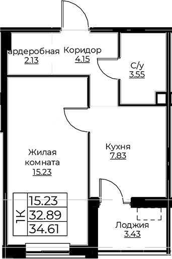 Планировка — Тишин, 1-комн., 33 м²