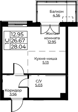 Планировка — Тишин, Студия, 27 м²
