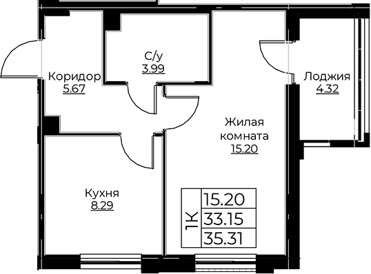 Планировка — Тишин, 1-комн., 33 м²