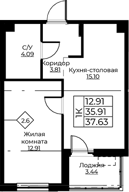Планировка — Тишин, 2-комн., 36 м²