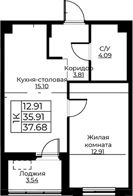 Планировка — Тишин, 2-комн., 36 м²