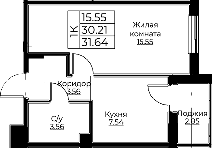 Планировка — Тишин, 1-комн., 30 м²