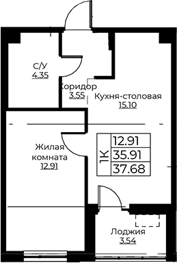 Планировка — Тишин, 2-комн., 36 м²