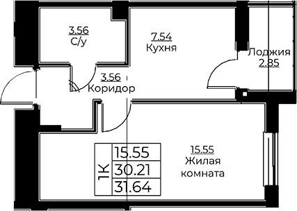 Планировка — Тишин, 1-комн., 30 м²