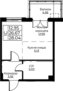 Планировка — Тишин, Студия, 27 м²