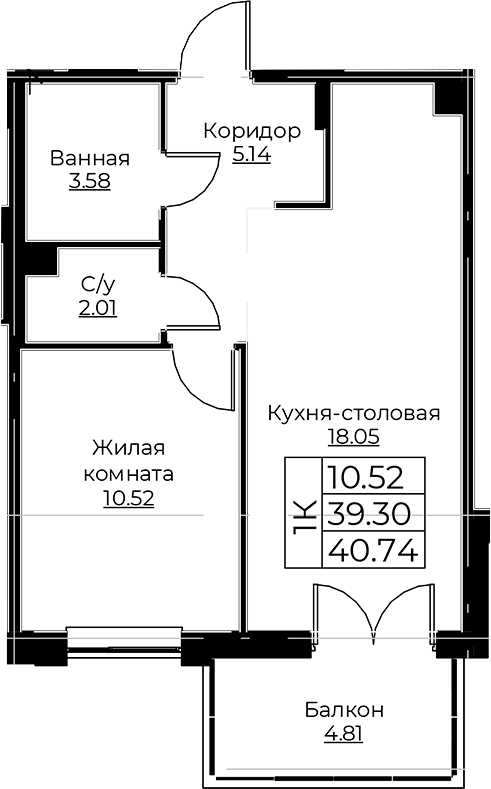 Планировка — Тишин, 2-комн., 39 м²