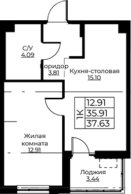 Планировка — Тишин, 2-комн., 36 м²