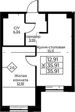 Планировка — Тишин, 2-комн., 36 м²