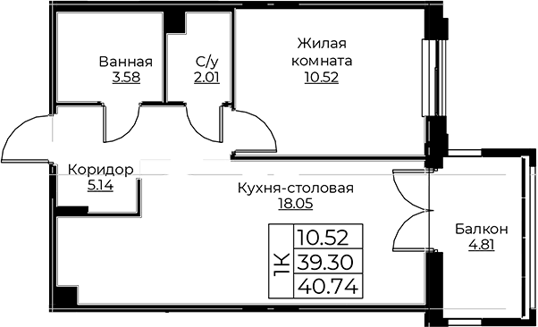 Планировка — Тишин, 2-комн., 39 м²