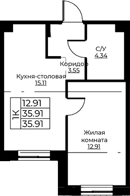 Планировка — Тишин, 2-комн., 36 м²