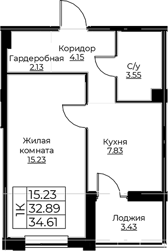 Планировка — Тишин, 1-комн., 33 м²