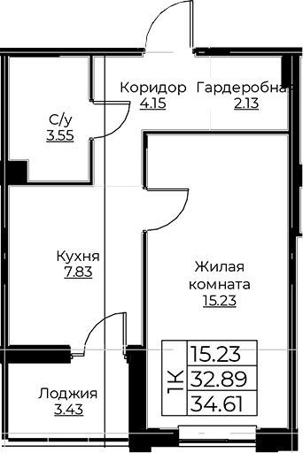 Планировка — Тишин, 1-комн., 33 м²