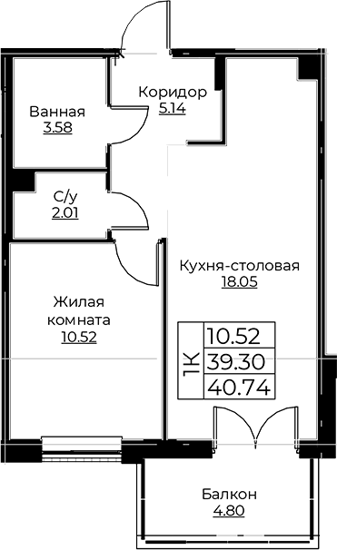Планировка — Тишин, 2-комн., 39 м²