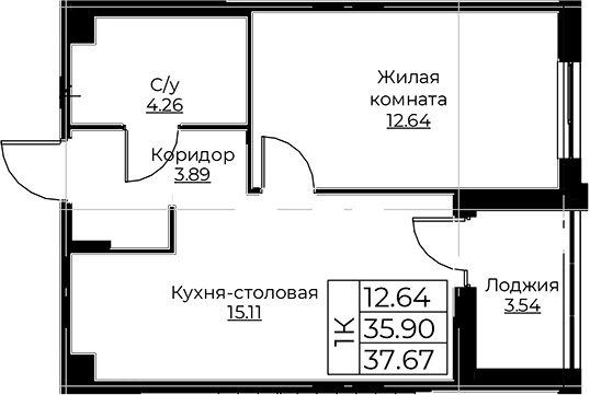 Планировка — Тишин, 2-комн., 36 м²