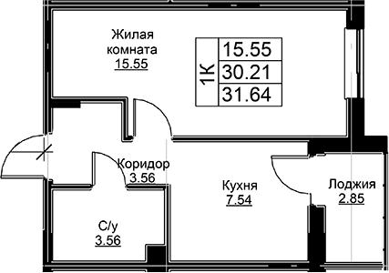 Планировка — Тишин, 1-комн., 30 м²