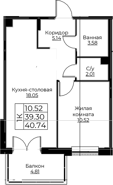 Планировка — Тишин, 2-комн., 39 м²