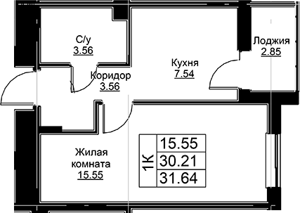 Планировка — Тишин, 1-комн., 30 м²