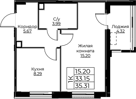 Планировка — Тишин, 1-комн., 33 м²