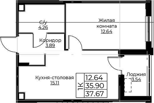 Планировка — Тишин, 2-комн., 36 м²