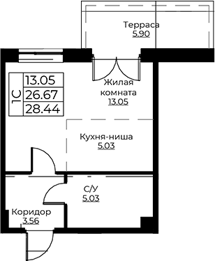 Планировка — Тишин, Студия, 27 м²
