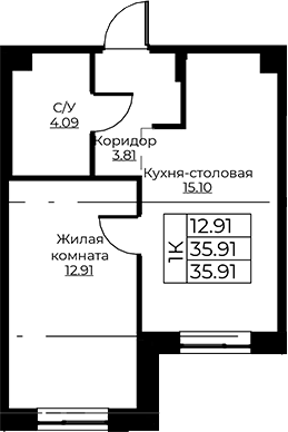 Планировка — Тишин, 2-комн., 36 м²