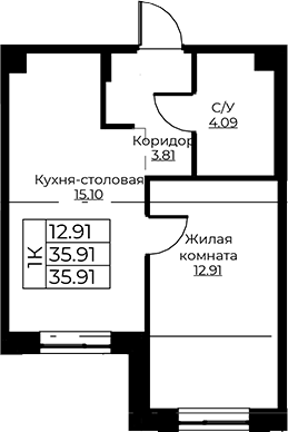 Планировка — Тишин, 2-комн., 36 м²