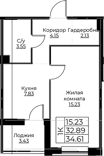 Планировка — Тишин, 1-комн., 33 м²