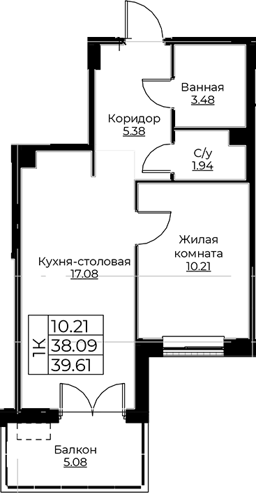 Планировка — Тишин, 2-комн., 38 м²