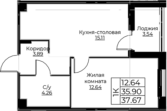 Планировка — Тишин, 2-комн., 36 м²