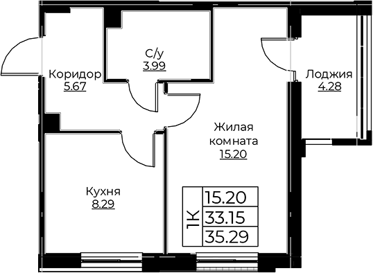 Планировка — Тишин, 1-комн., 33 м²