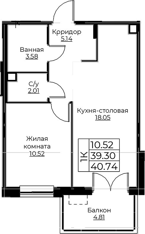 Планировка — Тишин, 2-комн., 39 м²