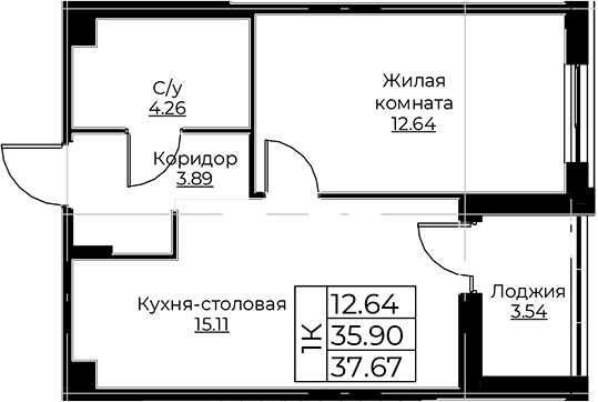 Планировка — Тишин, 2-комн., 36 м²