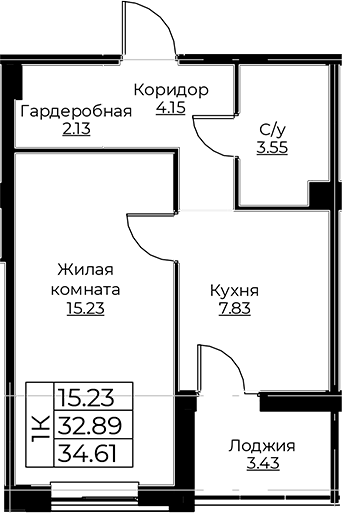Планировка — Тишин, 1-комн., 33 м²