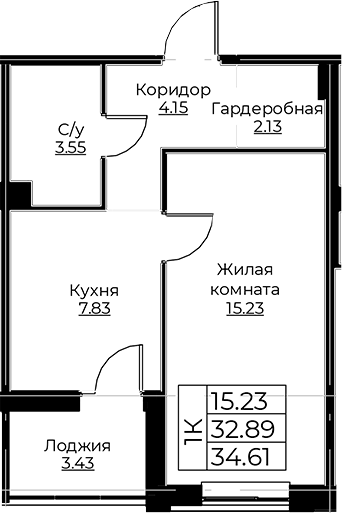 Планировка — Тишин, 1-комн., 33 м²
