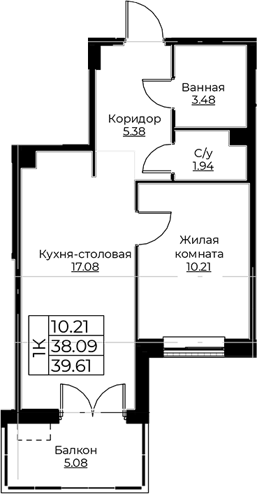 Планировка — Тишин, 2-комн., 38 м²
