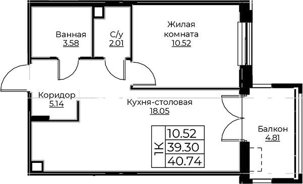 Планировка — Тишин, 2-комн., 39 м²