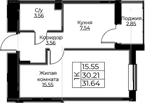 Планировка — Тишин, 1-комн., 30 м²
